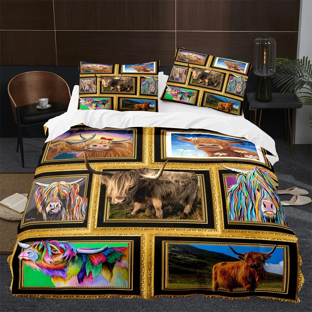 Highland Home Textiles - Zestaw pościeli z motywem krów szkockich,