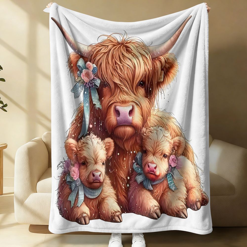 Highland Home Textiles - Koc z flaneli z nadrukiem krowy