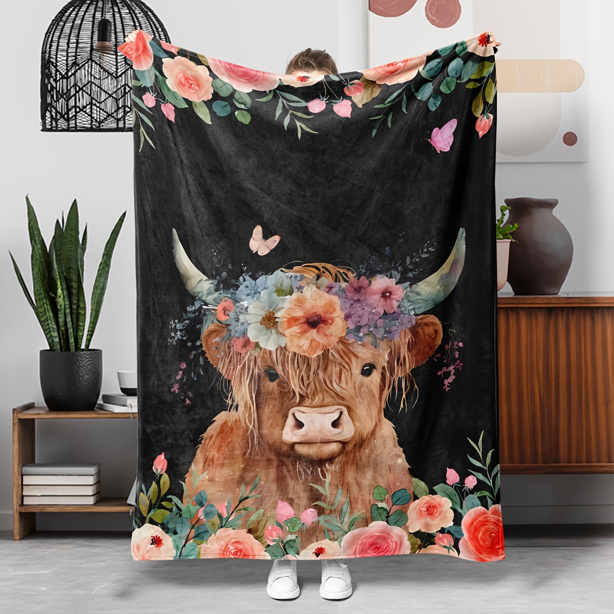 Highland Home Textiles - Koc flanelowy: urocza krowa szkocka z