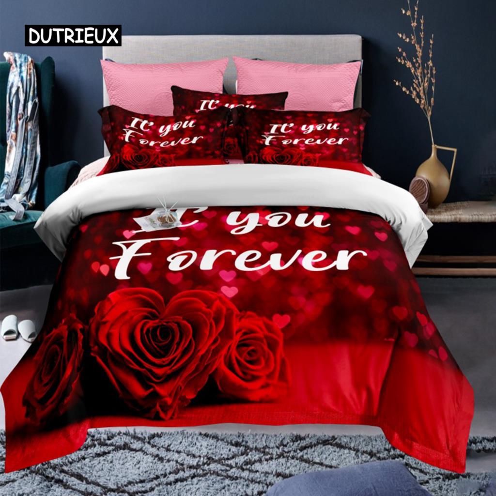 Linen Duvet Cover - Walentynki zestaw poszewek czerwona róża kocham