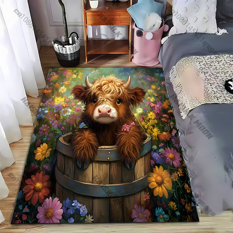 Highland Home Textiles - Kwiaty Highland Calf, drewniane wiadro, dywan,